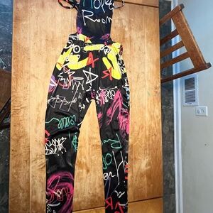 Colorful Graffiti Print Jumpsuit spaghetti straps lace up back